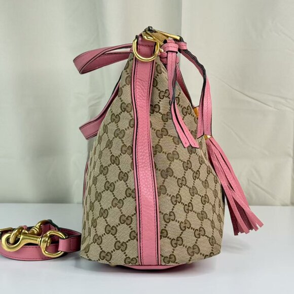 Gucci GG Logo Supreme Shoulder Bag Crossbody with Pink Trim and Green Red Stripe - Picture 3 of 9